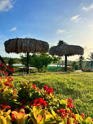 Um jardim no exterior de Suíte térreo Villa brisa icaraizinho