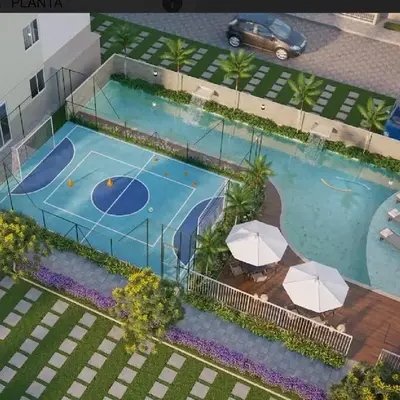 Apto com varanda e vista mar em condomínio Clube
