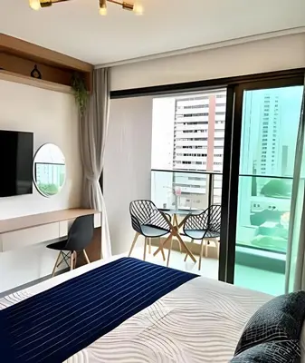 Uma cama ou camas num quarto em Studio a 500 m da Av Beira Mar BC Meireles