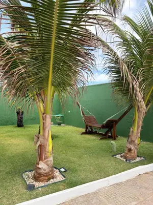 Um jardim no exterior de Casa de praia Perollas